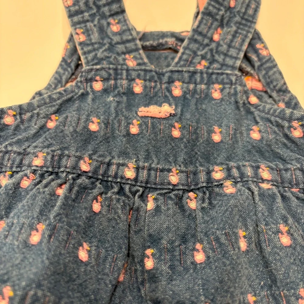 OshKosh B'Gosh 6-9M Pink Duck Print Denim Overalls Quilted Bib Baby VTG